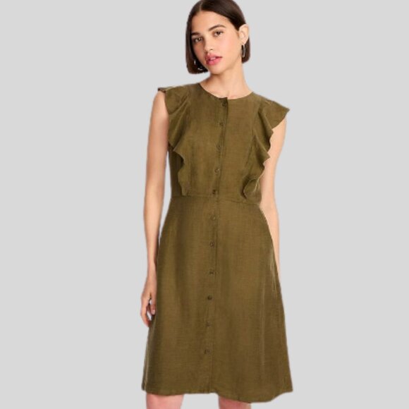 J. Crew Dresses & Skirts - J. Crew Ruffle-sleeve linen-cupro blend dress size 8 Tall Olive Green NWT